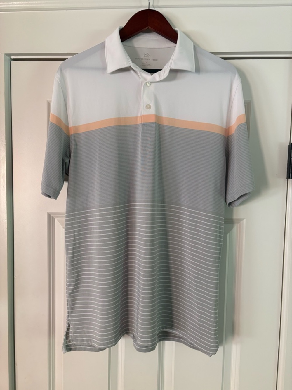 Southern Tide White, Light Gray & Peach Stripe Polo